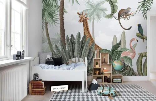 Vista 2 de Murwall Papel tapiz infantil con diseño de animales de safari, estampado de flamenco rosa y jirafa linda para habitación de niños, bosque