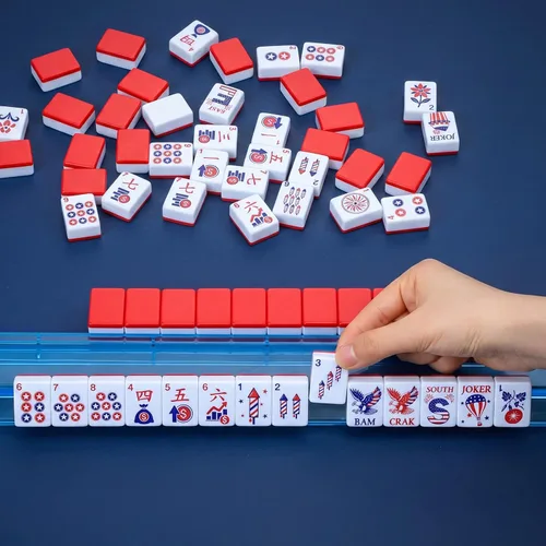 Vista 6 de Arrowbash Juego de azulejos Mahjong americanos, 160 piezas, tema de EE. UU Rojo