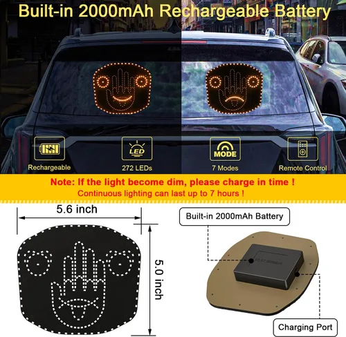 Vista 2 de Luz recargable para el dedo del automóvil, luz de gestos de dedo con patrones de expresión, batería integrada de 2000 mAh luces de gestos de mano