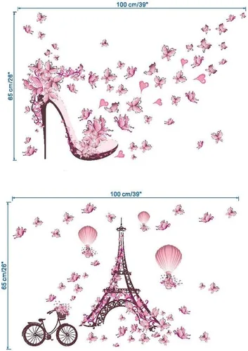 Vista 3 de Calcomanías de pared románticas para decoración de pared con diseño de mariposa y corazón y mariposas, diseño de torre de París, globo aerostático