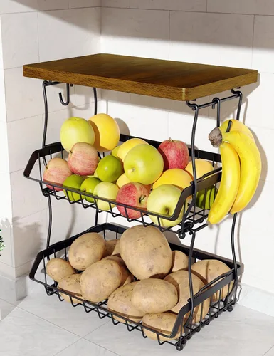 Vista 10 de OKZEST Cesta de frutas de 3 niveles para encimera de cocina, frutero colgante de pared y organizador de encimera de cocina con 2 ganchos de plátano