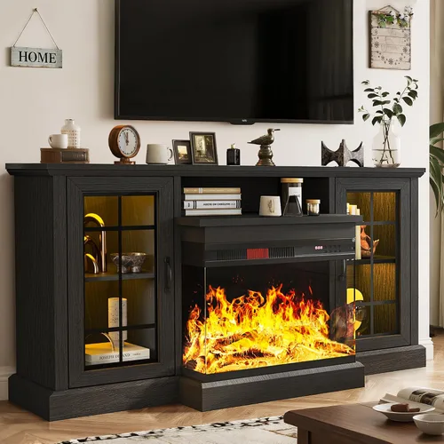 Vista 8 de MXV - Soporte de chimenea para TV de 59 pulgadas, centro de entretenimiento estilo granja con soporte de TV de 3 lados de vidrio, consola multimedia