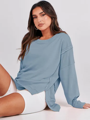 Vista 9 de ANRABESS Sudadera de gran tamaño para mujer, cuello redondo, manga larga, casual, con abertura, para otoño de 2024, ropa de preparación