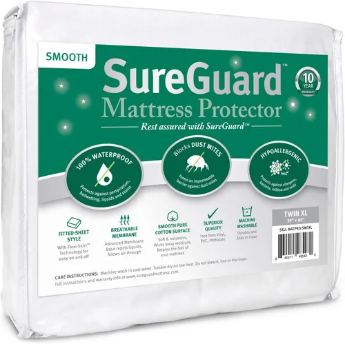 Vista 18 de Protector de colchón de SureGuard, 100% impermeable, hipoalergénico, de algodón de primera calidad, gemelo, Blanco
