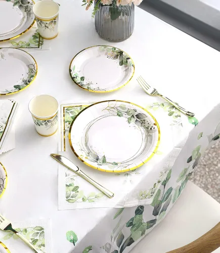 Vista 3 de Platos y servilletas de vegetación para fiesta - Sirve para 16 - Platos verdes, tazas de fiesta, cuchillos, tenedores, tema de vegetación para baby