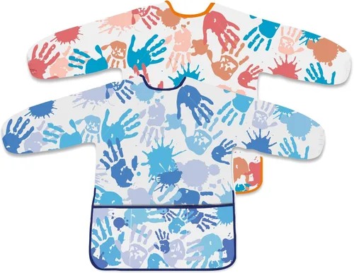 Vista 8 de 2 piezas de delantal de arte para niños, delantal de pintura para niños pequeños de manga larga con 3 bolsillos para actividades de pintura