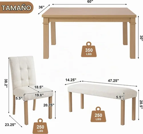 Vista 4 de P PURLOVE Juego de mesa de comedor de 6 piezas, mesa de cocina rectangular de madera con 4 sillas tapizadas, 1 banco para comedor y sala de estar