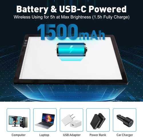 Vista 4 de Almohadilla de luz recargable A4 con soporte innovador y clip superior, Elice, caja de luz portátil inalámbrica para trazar, luz brillante