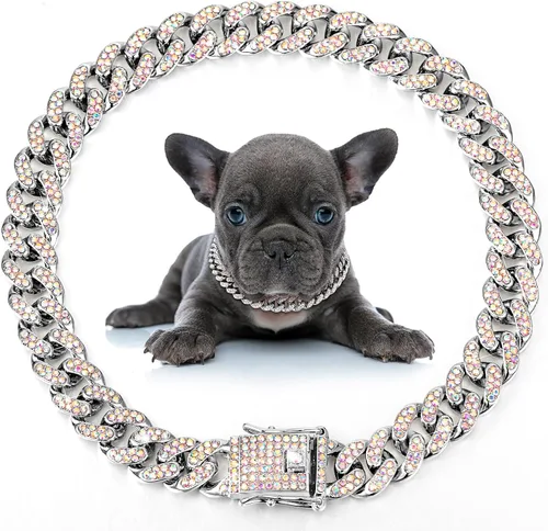 Vista 10 de LEIFIDE Collar de Cadena para Perro con Enlace de Diamante Collar para Cachorros de 12 mm de Ancho Collar de Metal para Gatos Collar de Cristal