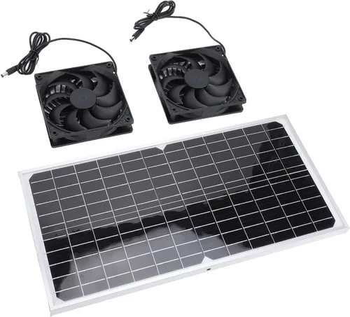 Vista 4 de Solar Powered Fan Kit, Proof 16W Monocrystalline Silicon High Efficiency Rain Proof Solar Fan Ventilator with 2 Fans for Greenhouse