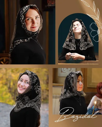 Vista 6 de Bozidol Velo de iglesia triangular tradicional - Estilo español con bordado del Santo Grial de Encaje Mantilla velo para mujer
