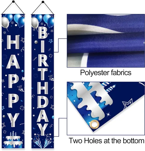 Vista 3 de Turypaty Cartel de feliz cumpleaños azul plateado para hombres y niños, cartel de feliz cumpleaños, porche, suministros de fiesta, decoración