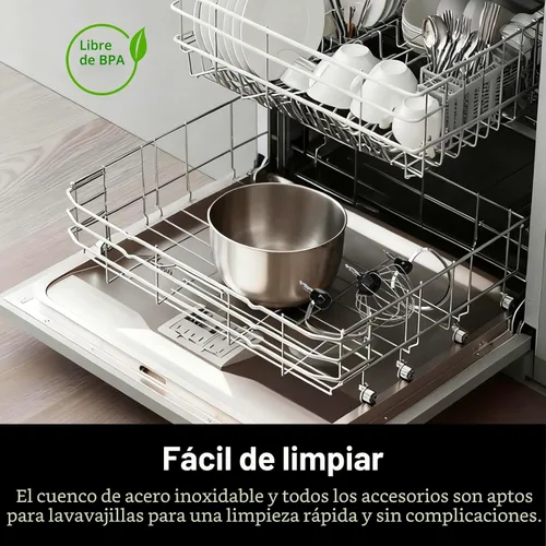 Vista 6 de Batidora de pie, compacta y ahorra espacio, cuenco de acero inoxidable, diseño único y juguetón, motor eficiente de 300 W, accesorios aptos