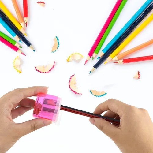 Vista 6 de Paquete de 12 sacapuntas manuales para la escuela, oficina, hogar, aula, lápices de colores con doble agujero, con tapa para niños, sacapuntas