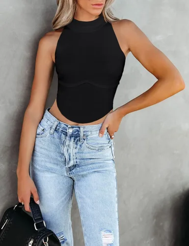 Vista 4 de Shermia Camiseta corta sexy sin mangas con cuello halter para mujer, espalda cruzada, de punto suave, ajustada