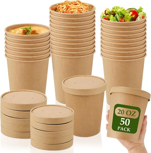 Vista 12 de Sabary Paquete de 50 Recipientes de Papel para Sopa de 8 oz con Tapa Desechables de Papel Kraft Recipientes para Comida Aptos para Microondas