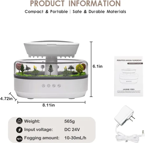 Vista 4 de Humidificador de lluvia – Humidificador ultrasónico de lluvia con efecto de gota de agua simulado, niebla silenciosa para dormitorio, oficina