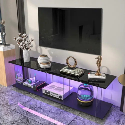 Vista 3 de Soporte de TV LED, mueble de consola de madera con patrón de mármol de imitación de escritorio y luces LED, centro de entretenimiento moderno