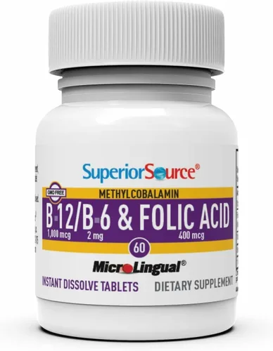 Vista 4 de Superior Source No Shot Vitamina B12 Metilcobalamina (1000 mcg), B6, ácido fólico, tabletas microlingües de disolución rápida, 60 unidades, aumenta