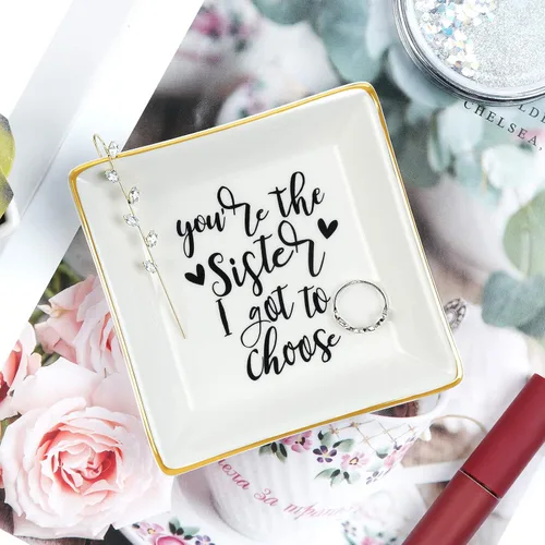 Vista 3 de Regalos para la mejor hermana para mujeres, plato de cerámica para anillos con texto en inglés "You Are the Sister I Got to Choice", bandeja
