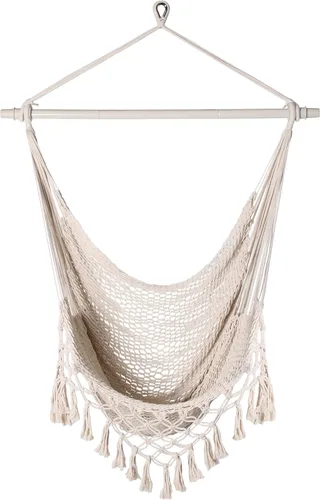 Vista 8 de Bathonly Silla hamaca de cuerda de algodón tejida a mano con barra separadora de metal, hamaca caribeña, silla colgante bohemia para dormitorio