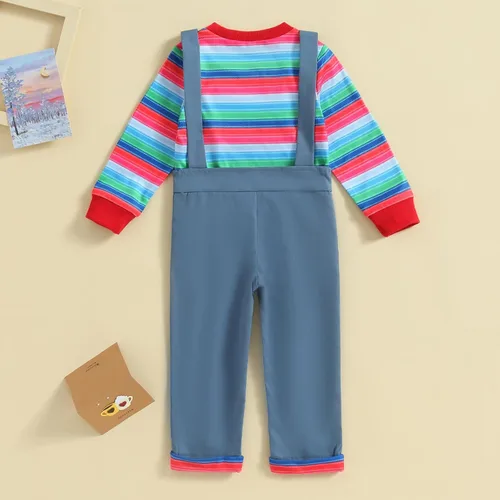 Vista 4 de Disfraz de Chucky de Halloween para niños pequeños, disfraz de rayas de arco iris, 2 piezas