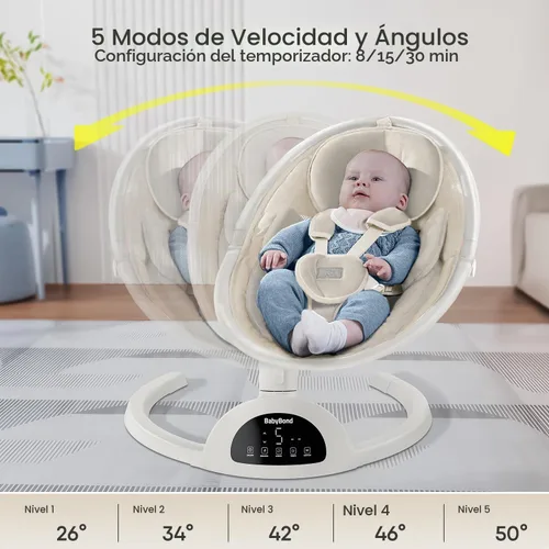Vista 2 de Columpio para bebés BabyBond para bebés, columpio Bluetooth con altavoz de música, 3 posiciones de asiento, cinturón de arnés de 5 puntos, 5