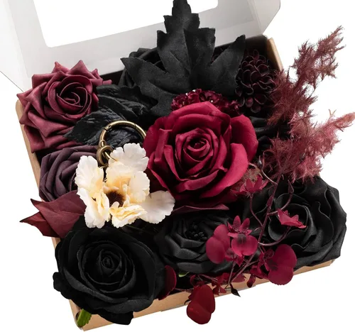 Vista 16 de Ling's moment Caja de flores falsas, tallos de vegetación artificiales artificiales, rosas de espuma, dalia, gardenia, tulipán, flor fábica de seda