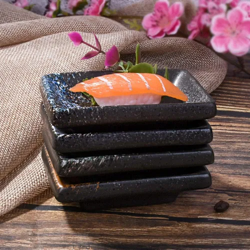 Vista 7 de Juego de 4 platos de cerámica para salsa de soja, rectangulares pequeños de 3.35 pulgadas, platos de inmersión de sushi con textura