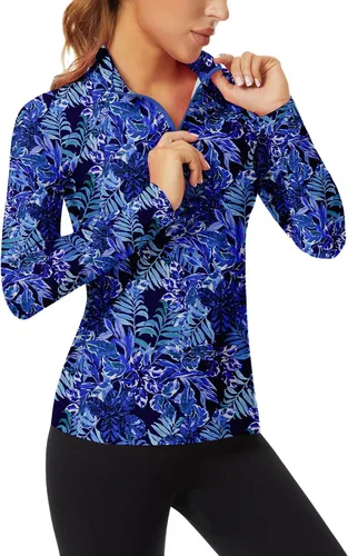 Vista 14 de WOWENY - Camiseta de manga larga con cremallera de 1/4 para mujer, con cuello, para hacer deporte, con estampado, para tenis Hoja multicolor.