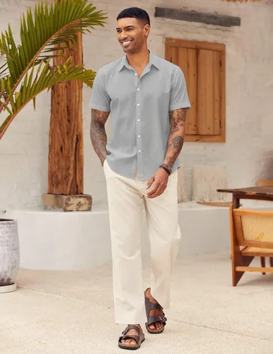 Vista 4 de COOFANDY Camisa de algodón con botones y manga corta para hombre, camisas de playa de lino y verano