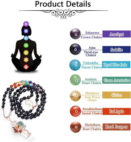 Vista 6 de MANIFO Collar de piedras preciosas de cuarzo transparente con diseño de árbol de la vida de 7 chakras