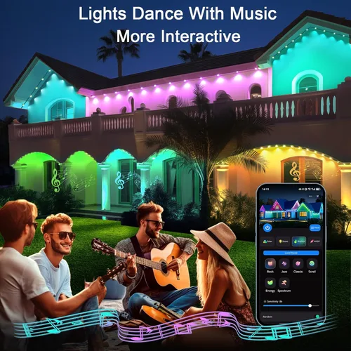 Vista 6 de iYogaled Luces exteriores permanentes para casa, 50 pies de luces de borde exterior inteligentes RGB con 63 modos de escena, luces LED impermeables