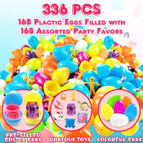 Vista 5 de LINAYE 336 huevos de Pascua precargados a granel con juguetes en el interior, 168 paquetes de huevos rellenos con 168 recuerdos de fiesta