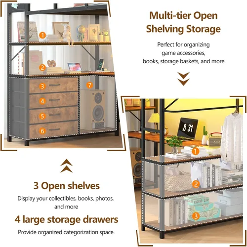 Vista 5 de Cama elevada de tamaño individual con almacenamiento y cabecero tapizado, estructura de cama elevada de metal con escritorio en forma de U y luces