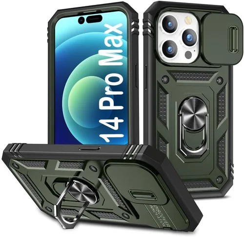 Vista 22 de PASNEW Funda militar para iPhone 13 Pro Max, cubierta de cámara deslizante y soporte de anillo de metal de 360°, carcasa rígida multicapa resistente
