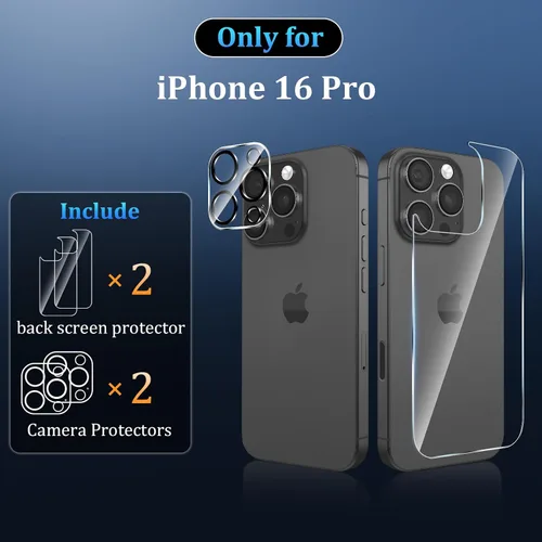 Vista 2 de [4 en 1] Protector de vidrio trasero para iPhone 16 Pro + protector de cámara [2 + 2 paquetes], dureza 9H, antiarañazos, fácil instalación