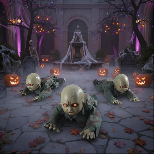 Vista 12 de AW Lápida animada de Halloween de 15 pulgadas y medio esqueleto con bebé gateando de 8 pulgadas
