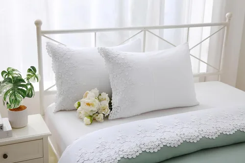 Vista 4 de Juego de 2 fundas de almohada con encaje blanco con flores 3D de aspecto retro noble y lujoso elegante, 100% algodón, tamaño estándar