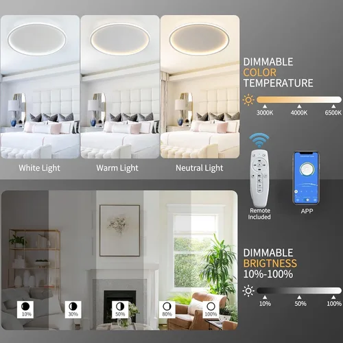 Vista 4 de Lámpara de techo LED de montaje empotrado con control remoto Lámpara de techo redonda de 15.7 ″ Lámpara de techo de bajo perfil regulable de 44W