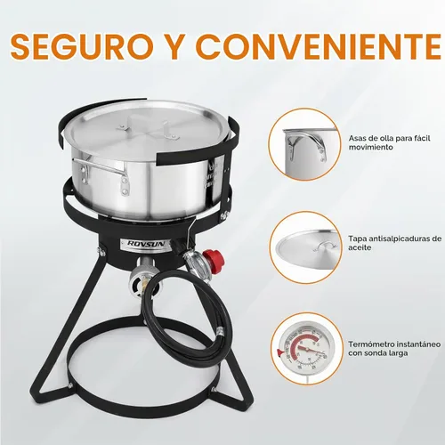 Vista 5 de ROVSUN olla para freidora de 10 cuartos con quemador de propano de 55,000 BTU, cesta colador de 6.7 cuartos, termómetro y tapa, olla de aluminio