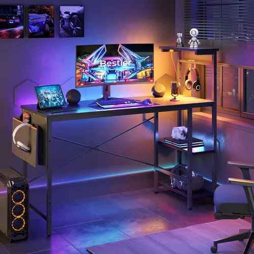 Vista 20 de Bestier - Escritorio de juegos con luces LED, escritorio para PC de 44 pulgadas para espacios pequeños, escritorio de computadora con estantes