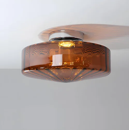 Vista 9 de Lámpara de techo empotrada LED vintage en vidrio amarillo para pasillo - Luz de techo estilo mitad de siglo con pantalla de vidrio acanalada