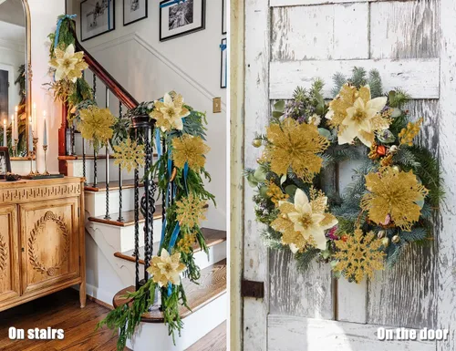 Vista 4 de RECUTMS 60 PCS Flores Artificiales de Nochebuena para Decoración del Árbol de Navidad Juego con Clip, 18 Flores de Nochebuena con 12 Tallos de Bayas