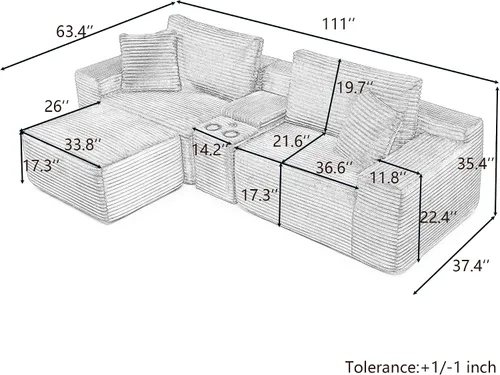 Vista 2 de ivoros Sofá modular modular de 111 pulgadas, sofá de nube moderno de gran tamaño para sala de estar, sofás en forma de L con otomanas, puertos USB