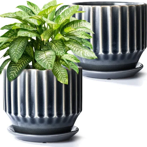 Vista 7 de AISBUGUR Macetas de cerámica de 6 pulgadas para plantas de interior, juego de 2 macetas de diseño único de esmalte agrietado con orificio de drenaje