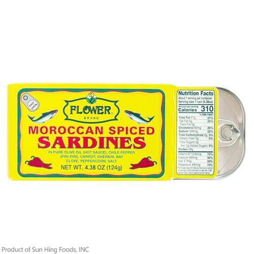 Vista 2 de Flower Brand Sardinas especiadas (aceite de oliva) 4.38 onzas, capturadas en la naturaleza de Marruecos, alimentos ricos en proteínas, alimentos sin