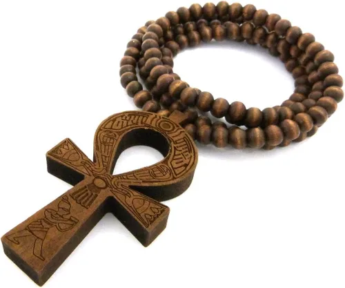 Vista 13 de Fashion 21 Colgante de cruz egipcia Ankh de 0.236 in, 27 pulgadas, collar de cuentas de madera elástico (3 colores disponibles)
