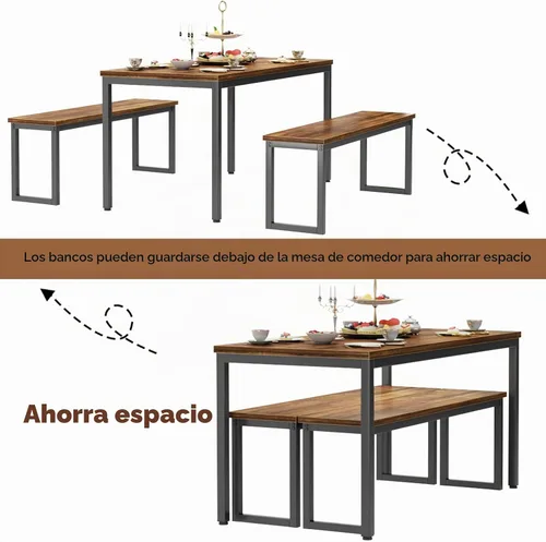 Vista 4 de soges Juego de mesa de cocina con 2 bancos, juego de mesa de comedor para 4, mesa de comedor de 3 piezas y bancos largos, juego de mesa de café