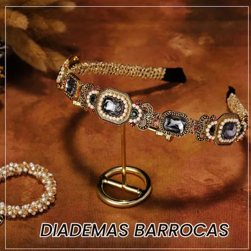 Vista 2 de Diademas de perlas doradas barrocas con diamantes de imitación para el cabello, aro de cristal para mujer (elegante)